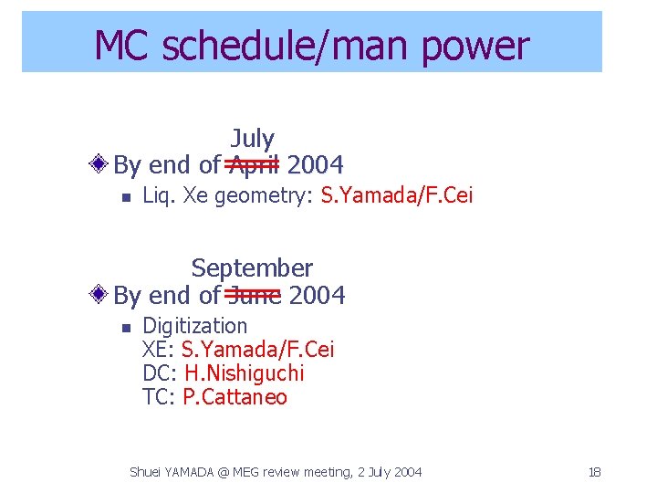 MC schedule/man power July By end of April 2004 n Liq. Xe geometry: S.