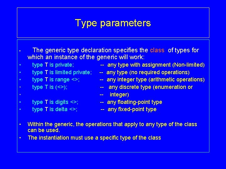 Type parameters • • • The generic type declaration specifies the class of types Type parameters • • • The generic type declaration specifies the class of types