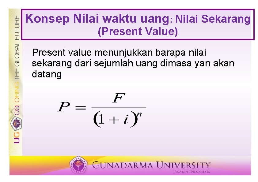Konsep Nilai waktu uang: Nilai Sekarang (Present Value) Present value menunjukkan barapa nilai sekarang Konsep Nilai waktu uang: Nilai Sekarang (Present Value) Present value menunjukkan barapa nilai sekarang