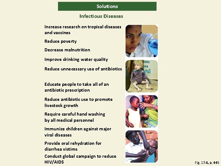 Solutions Infectious Diseases Increase research on tropical diseases and vaccines Reduce poverty Decrease malnutrition