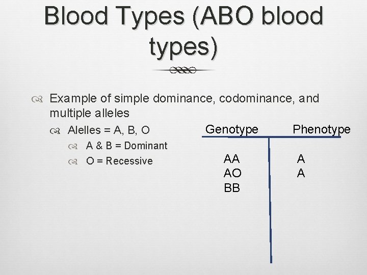 Blood Types (ABO blood types) Example of simple dominance, codominance, and multiple alleles Genotype