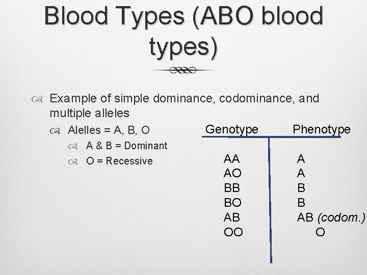 Blood Types (ABO blood types) Example of simple dominance, codominance, and multiple alleles Genotype