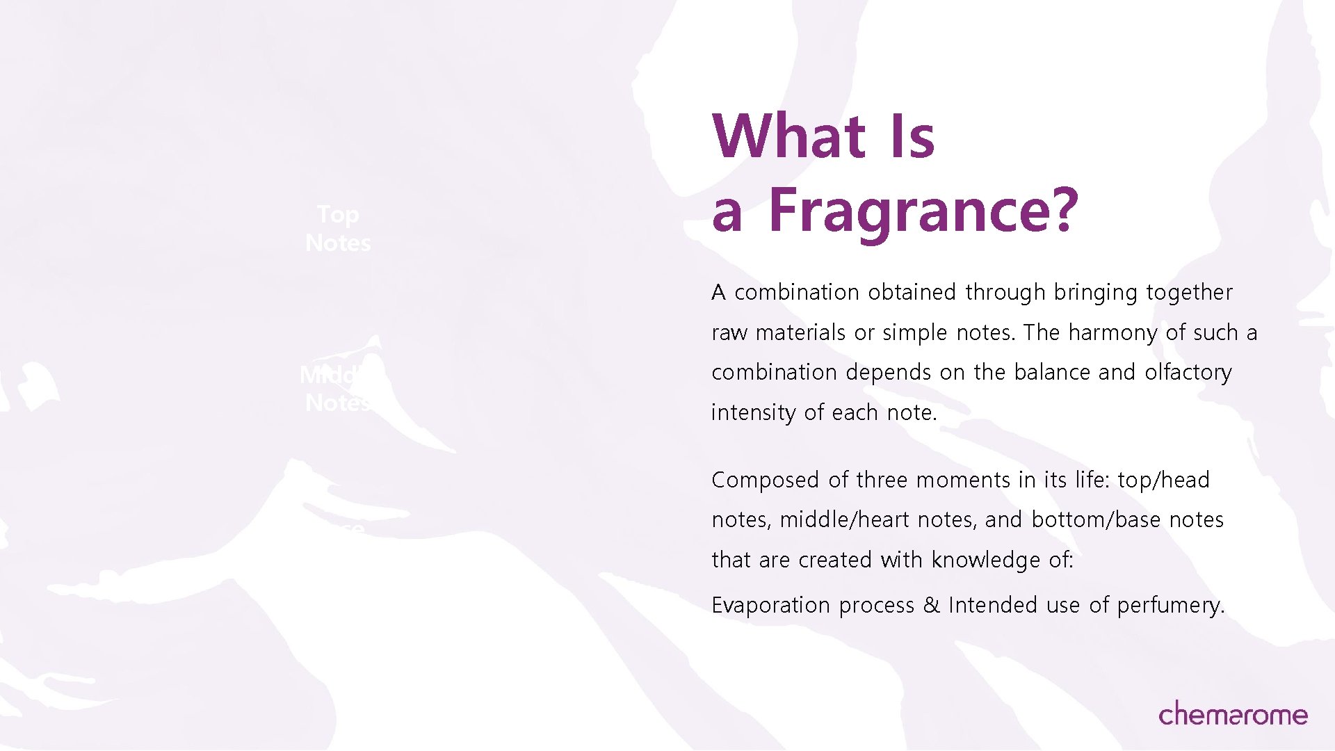 Top Notes What Is a Fragrance? A combination obtained through bringing together raw materials