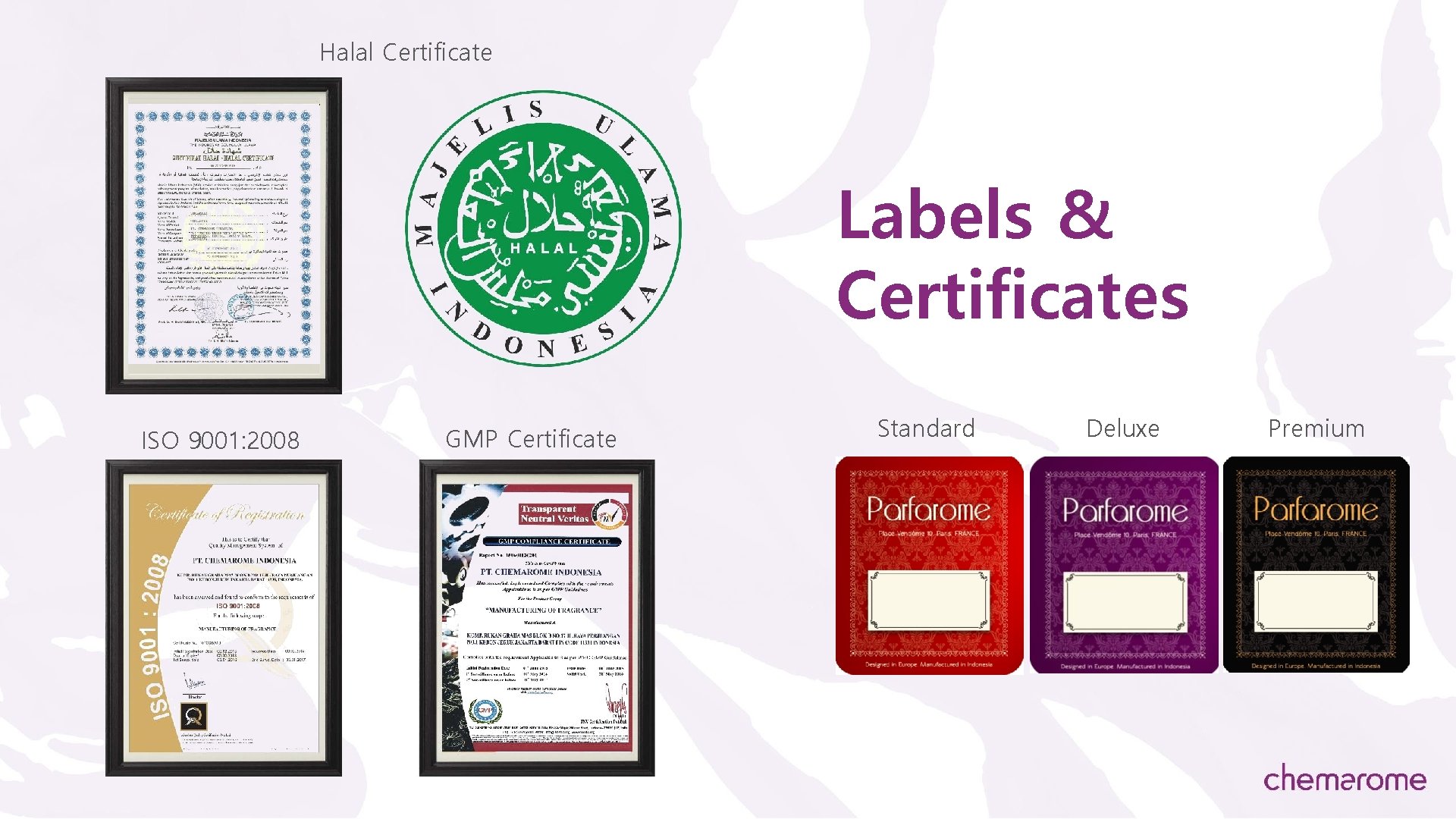 Halal Certificate Labels & Certificates ISO 9001: 2008 GMP Certificate Standard Deluxe Premium 