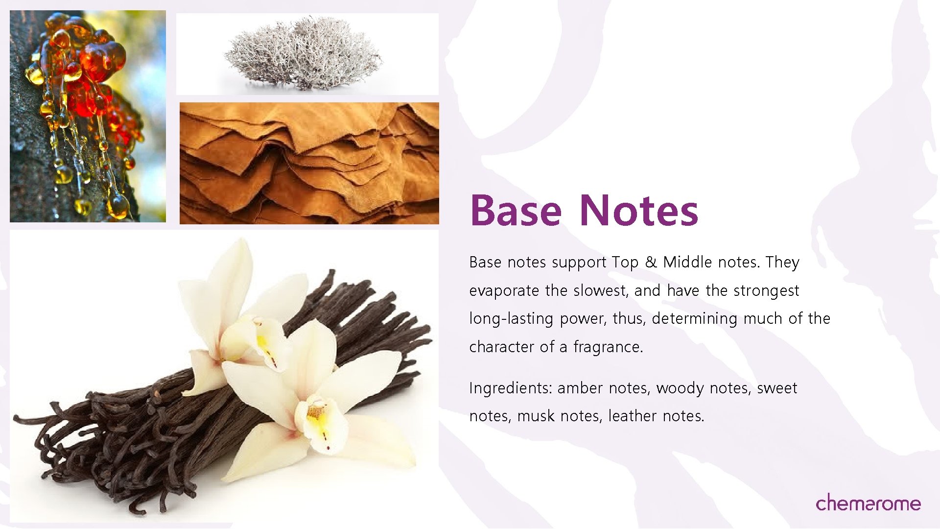 Base Notes Base notes support Top & Middle notes. They evaporate the slowest, and