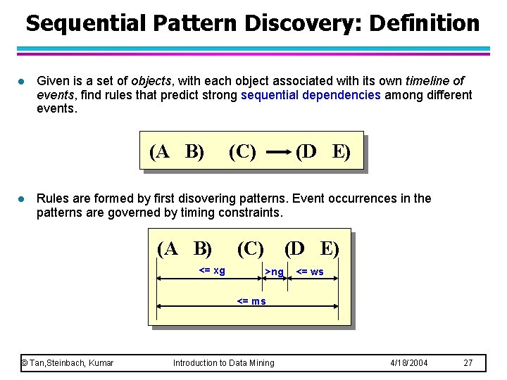 Sequential Pattern Discovery: Definition l Given is a set of objects, with each object
