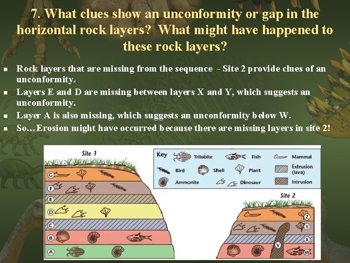 7. What clues show an unconformity or gap in the horizontal rock layers? What