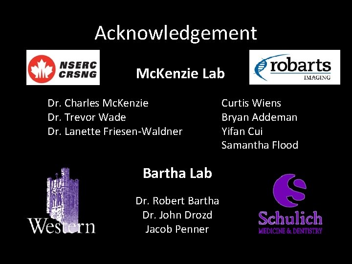 Acknowledgement Mc. Kenzie Lab Dr. Charles Mc. Kenzie Dr. Trevor Wade Dr. Lanette Friesen-Waldner