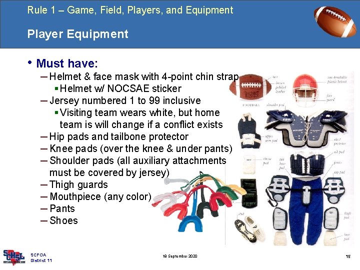 Rule 1 – Game, Field, Players, and Equipment Player Equipment • Must have: ─