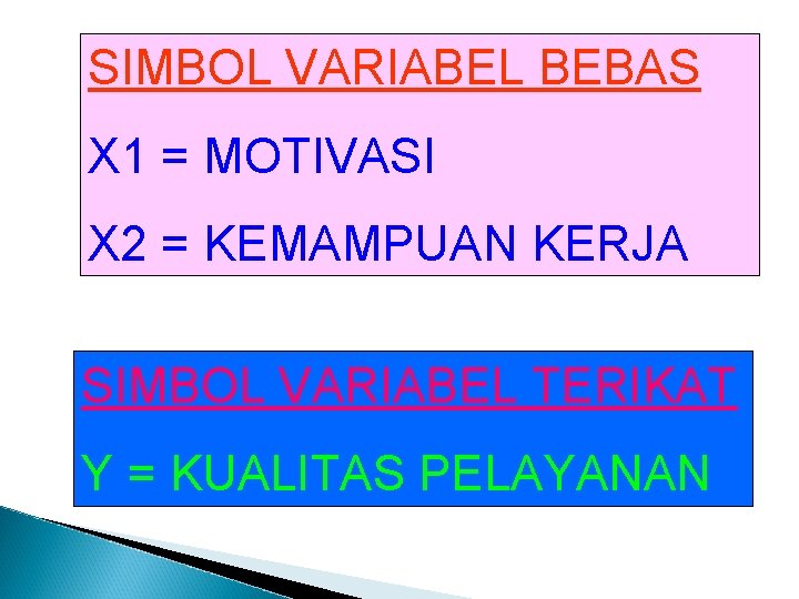 SIMBOL VARIABEL BEBAS X 1 = MOTIVASI X 2 = KEMAMPUAN KERJA SIMBOL VARIABEL SIMBOL VARIABEL BEBAS X 1 = MOTIVASI X 2 = KEMAMPUAN KERJA SIMBOL VARIABEL
