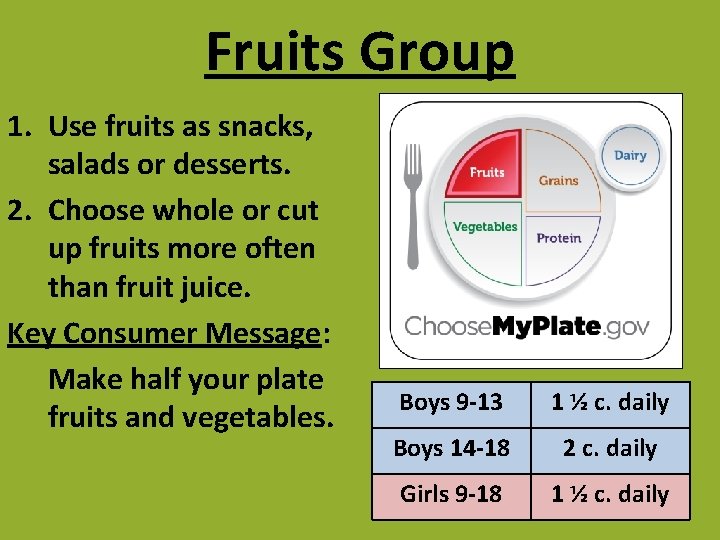 Fruits Group 1. Use fruits as snacks, salads or desserts. 2. Choose whole or