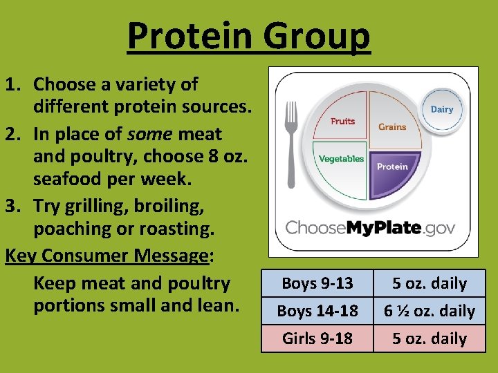 Protein Group 1. Choose a variety of different protein sources. 2. In place of