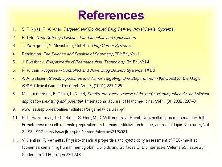 References 1. S. P. Vyas, R. K. Khar, Targeted and Controlled Drug Delivery Novel