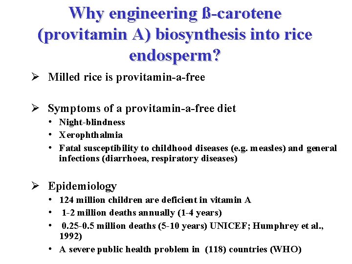 Why engineering ß-carotene (provitamin A) biosynthesis into rice endosperm? Ø Milled rice is provitamin-a-free