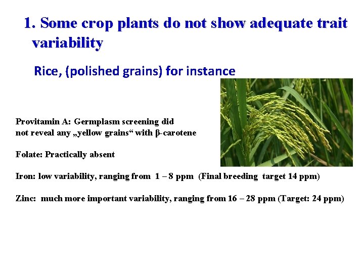 1. Some crop plants do not show adequate trait variability Rice, (polished grains) for