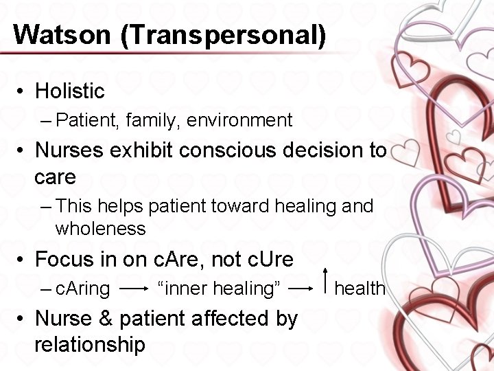 Watson (Transpersonal) • Holistic – Patient, family, environment • Nurses exhibit conscious decision to