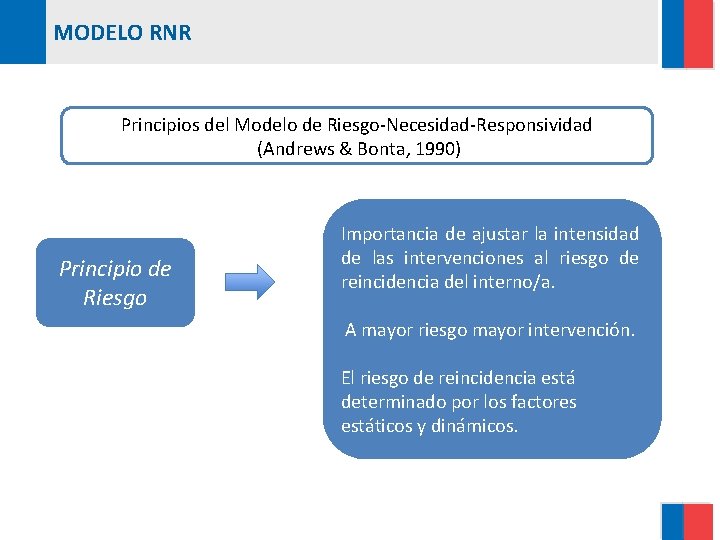 MODELO RNR Principios del Modelo de Riesgo-Necesidad-Responsividad (Andrews & Bonta, 1990) Principio de Riesgo