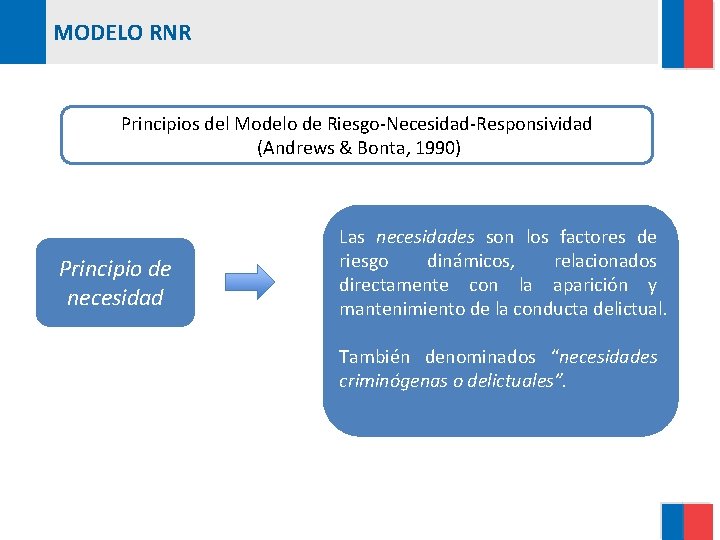 MODELO RNR Principios del Modelo de Riesgo-Necesidad-Responsividad (Andrews & Bonta, 1990) Principio de necesidad