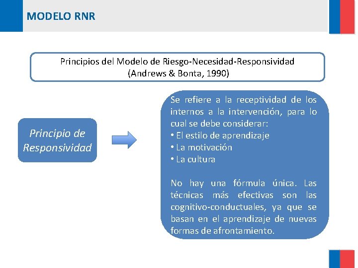 MODELO RNR Principios del Modelo de Riesgo-Necesidad-Responsividad (Andrews & Bonta, 1990) Principio de Responsividad