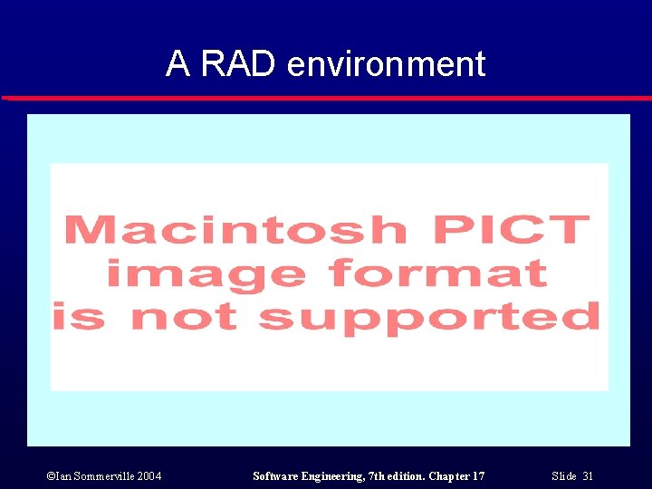 A RAD environment ©Ian Sommerville 2004 Software Engineering, 7 th edition. Chapter 17 Slide