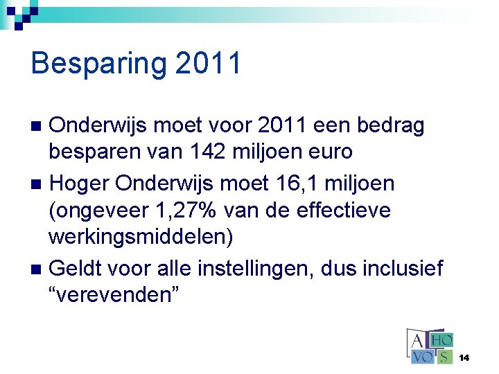 Besparing 2011 Onderwijs moet voor 2011 een bedrag besparen van 142 miljoen euro n