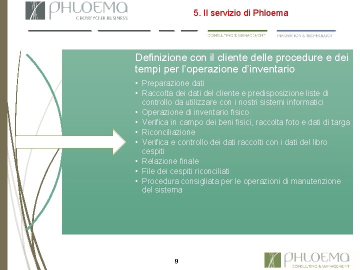 5. Il servizio di Phloema Definizione con il cliente delle procedure e dei tempi