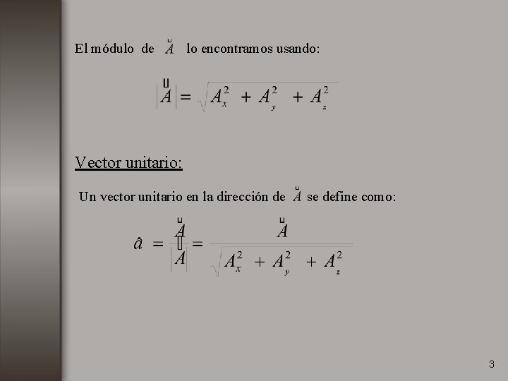 El módulo de lo encontramos usando: Vector unitario: Un vector unitario en la dirección