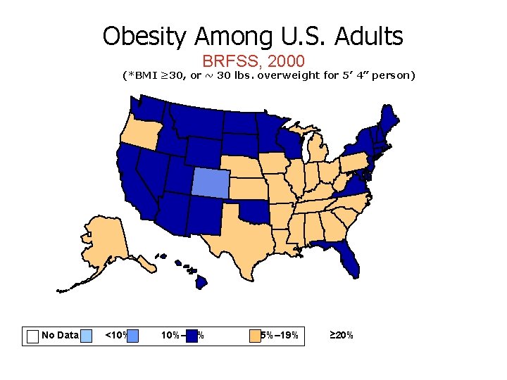 Obesity Among U. S. Adults BRFSS, 2000 (*BMI ≥ 30, or ~ 30 lbs.