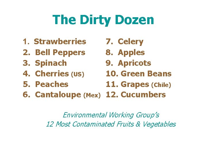 The Dirty Dozen 1. 2. 3. 4. 5. 6. Strawberries Bell Peppers Spinach Cherries