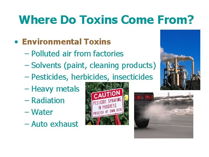 Where Do Toxins Come From? • Environmental Toxins – Polluted air from factories –