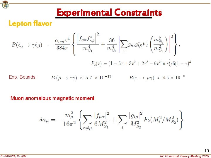 Experimental Constraints Lepton flavor Exp. Bounds: Muon anomalous magnetic moment 10 A. Ahriche, U.