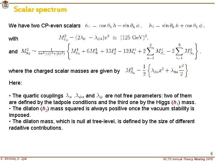 Scalar spectrum We have two CP-even scalars with and where the charged scalar masses
