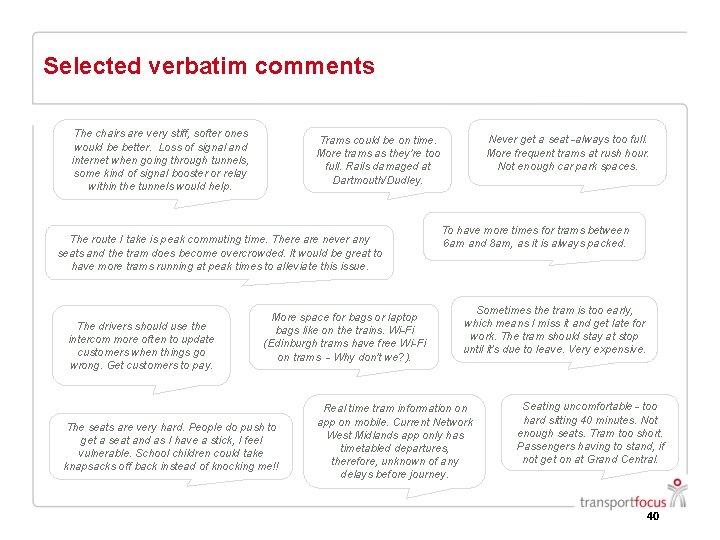 Selected verbatim comments The chairs are very stiff, softer ones would be better. Loss Selected verbatim comments The chairs are very stiff, softer ones would be better. Loss