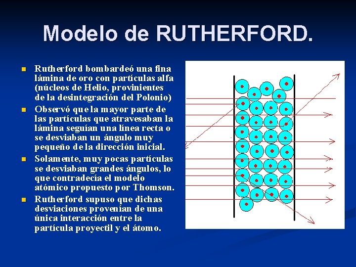 Modelo de RUTHERFORD. n n Rutherford bombardeó una fina lámina de oro con partículas