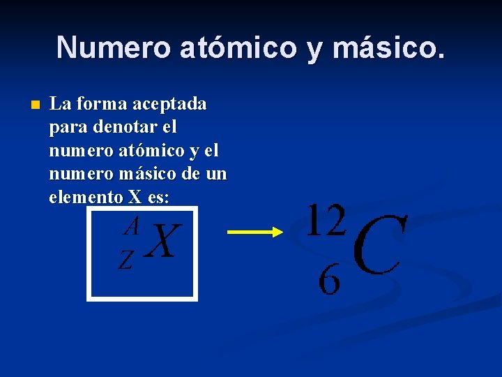 Numero atómico y másico. n La forma aceptada para denotar el numero atómico y