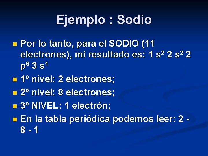 Ejemplo : Sodio Por lo tanto, para el SODIO (11 electrones), mi resultado es: