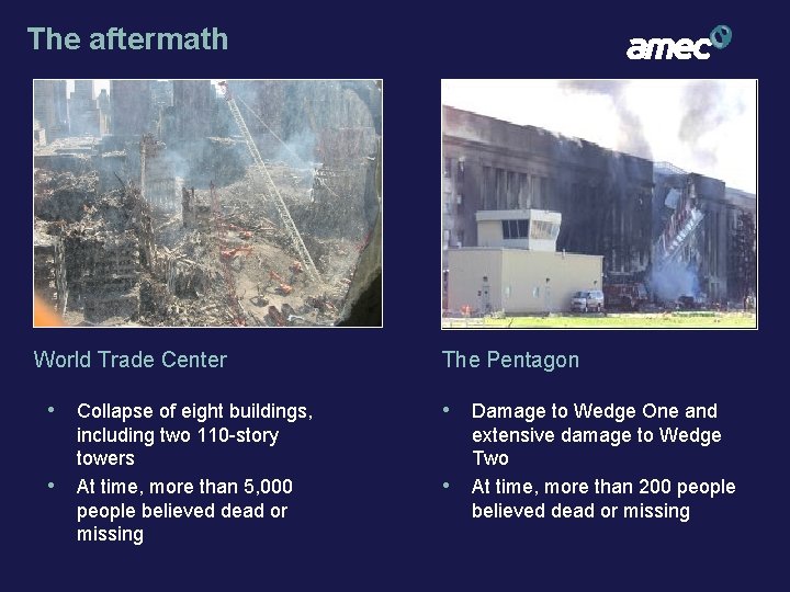The aftermath World Trade Center • Collapse of eight buildings, • including two 110