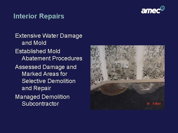 Interior Repairs Extensive Water Damage and Mold Established Mold Abatement Procedures Assessed Damage and