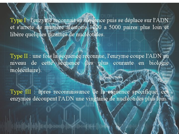 Type I : l'enzyme reconnait sa séquence puis se déplace sur l'ADN et s'arrete