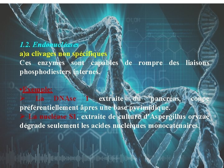 1. 2. Endonucléases a)a clivages non spécifiques Ces enzymes sont capables de rompre des