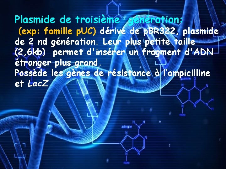 Plasmide de troisième génération: (exp: famille p. UC) dérivé de p. BR 322, plasmide