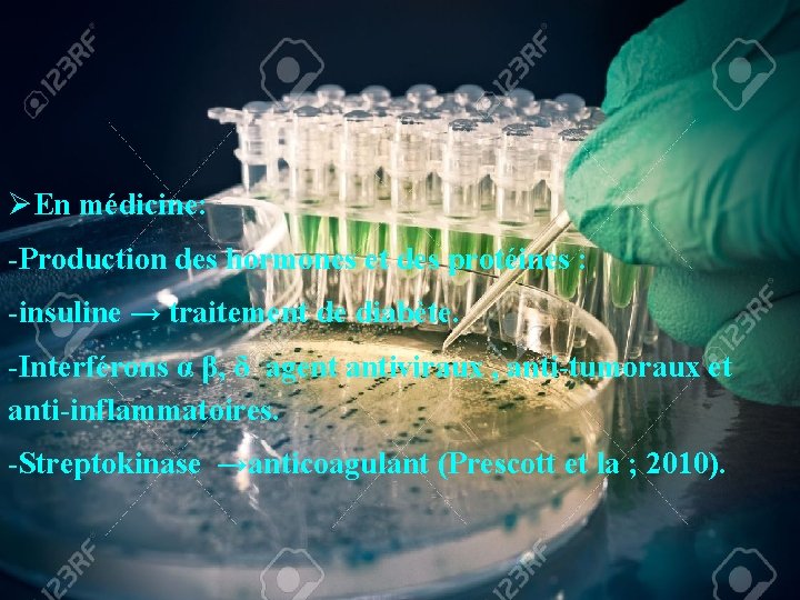 ØEn médicine: -Production des hormones et des protéines : -insuline → traitement de diabète.