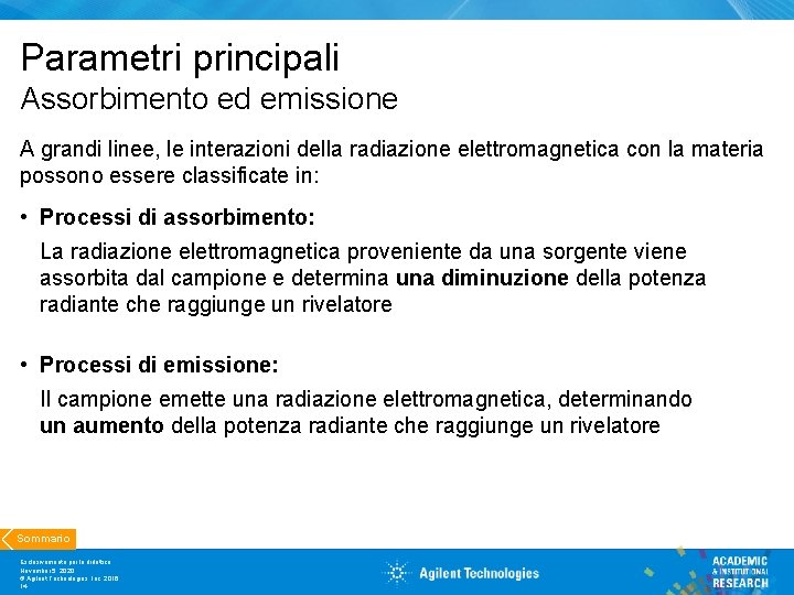 Parametri principali Assorbimento ed emissione A grandi linee, le interazioni della radiazione elettromagnetica con