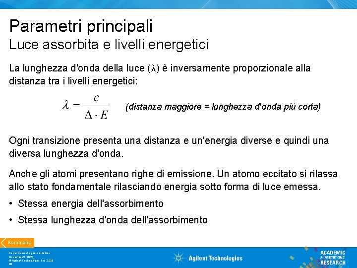 Parametri principali Luce assorbita e livelli energetici La lunghezza d'onda della luce ( )