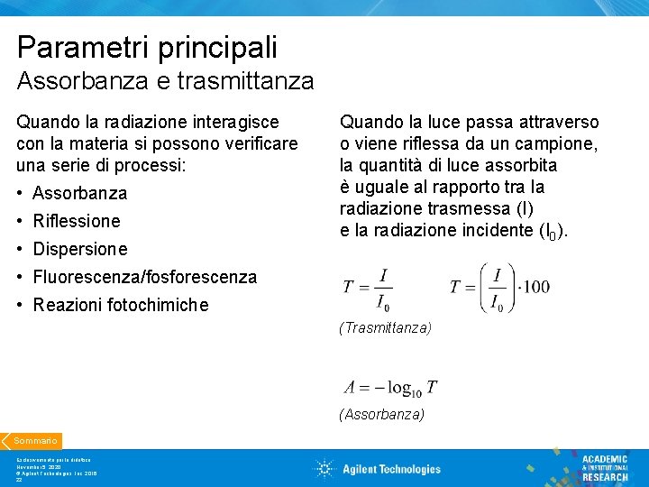 Parametri principali Assorbanza e trasmittanza Quando la radiazione interagisce con la materia si possono