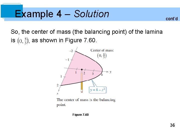 Example 4 – Solution cont’d So, the center of mass (the balancing point) of