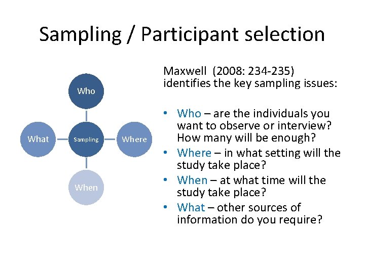 Sampling / Participant selection Maxwell (2008: 234 -235) identifies the key sampling issues: Who