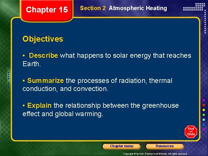Chapter 15 Section 2 Atmospheric Heating Objectives • Describe what happens to solar energy