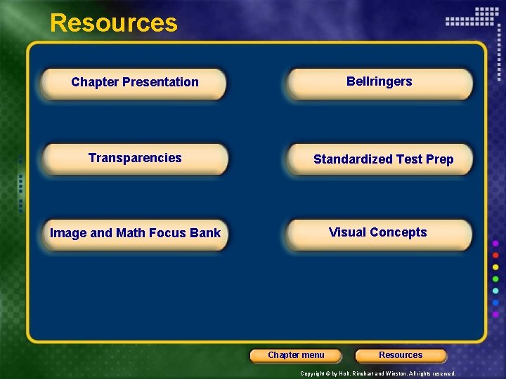 Resources Bellringers Chapter Presentation Transparencies Standardized Test Prep Visual Concepts Image and Math Focus