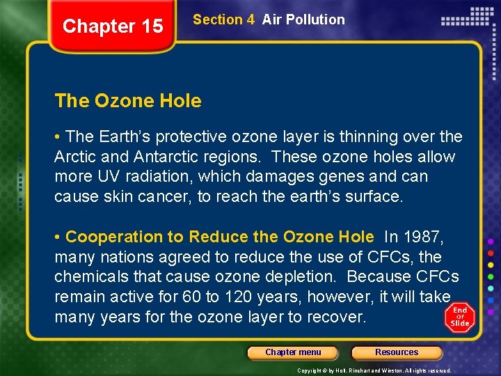 Chapter 15 Section 4 Air Pollution The Ozone Hole • The Earth’s protective ozone